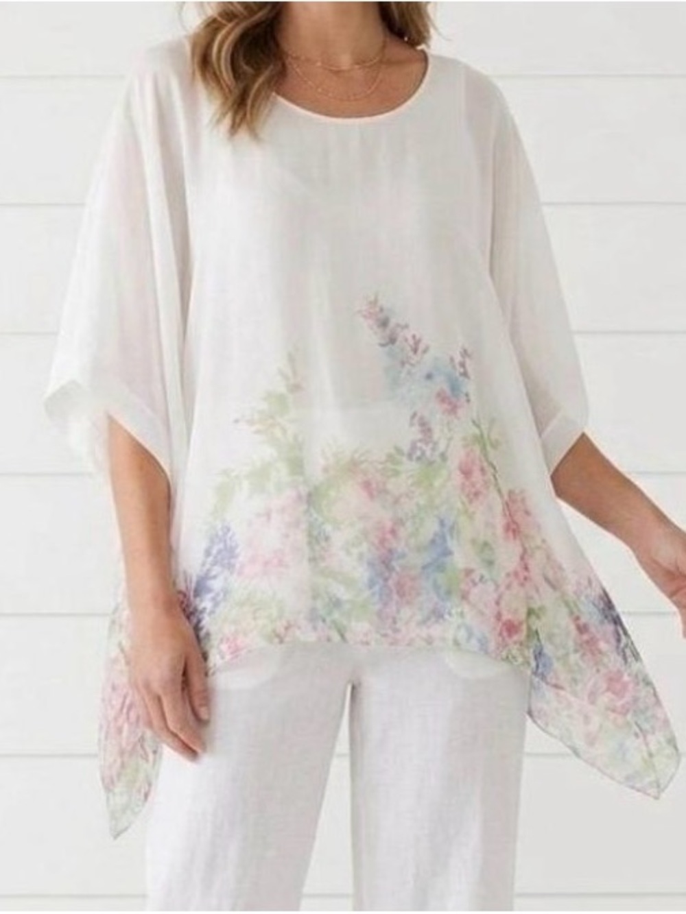 White Sheer & Flowy Silk Floral Tunic Top for Women